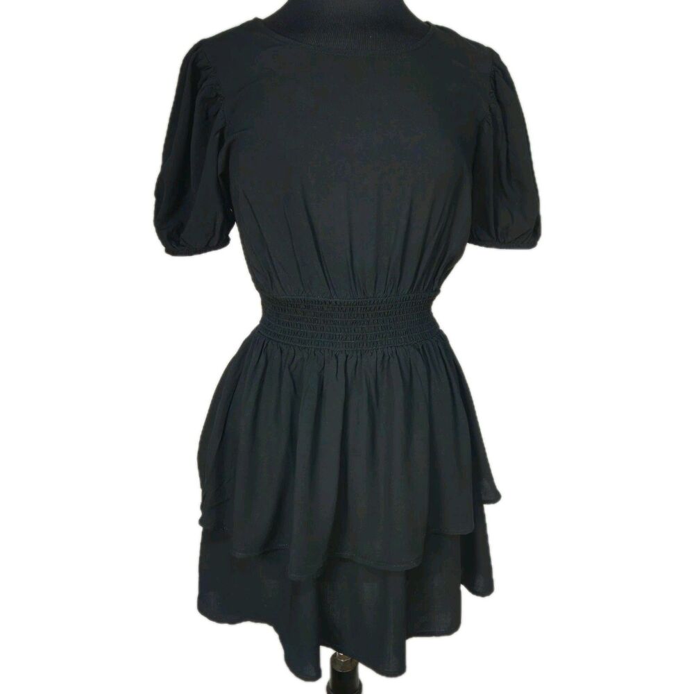 Black Dress Open Back Lace Up Smocked Waist Puff Sleeve Coquette Goth Mini Sz M